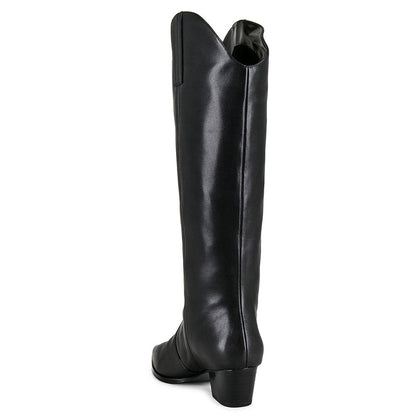 Faux Leather Embroidered Pointed Toe Mid-Calf Black Cowgirl Boots