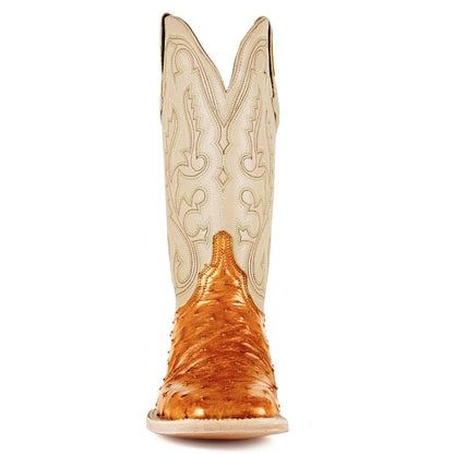 Beige & Tan Ostrich Embossed Mid-Calf Embroidered Cowgirl Boots