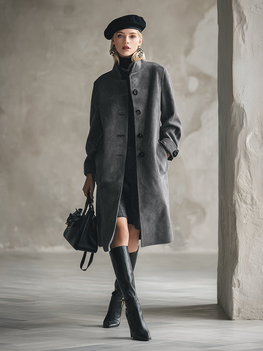 Elegant Dark Grey Stand Collar Button Wool Coat