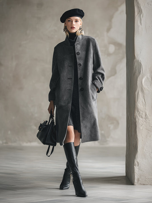 Elegant Dark Grey Stand Collar Button Wool Coat