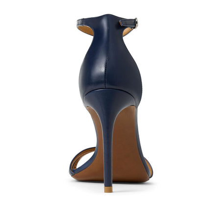 Elegant Navy Blue Round Toe Women's Heel Sandals with Buckle