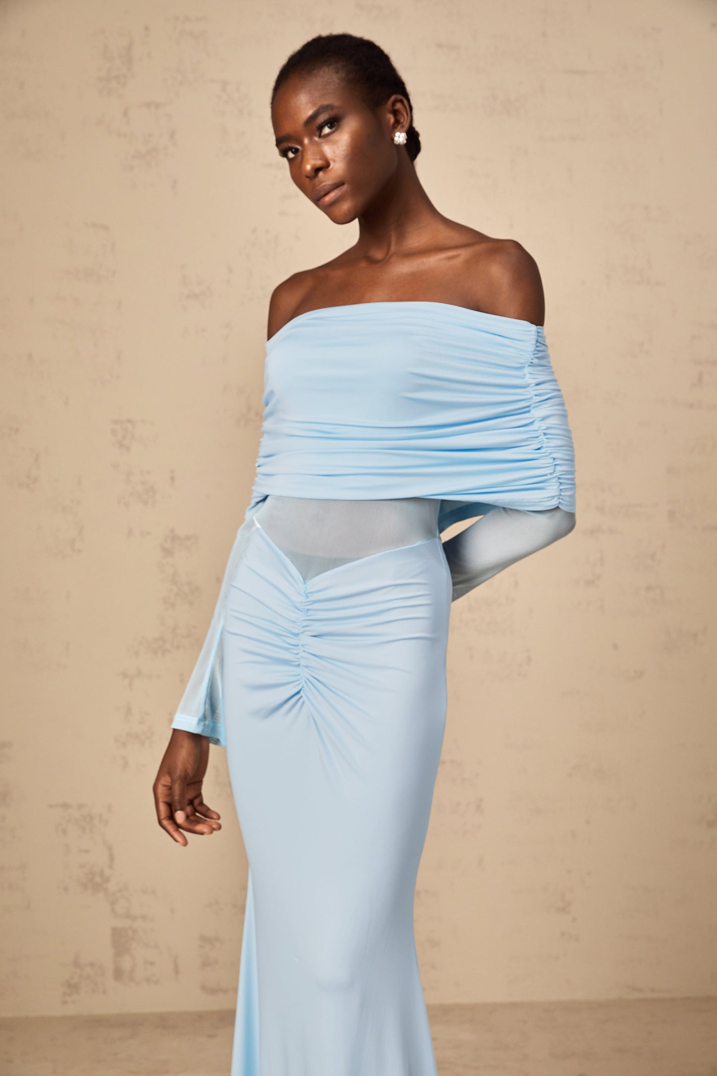 Ninon blue off-shoulder ruched maxi dress