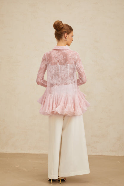 Ingrid Pink Peplum Floral Lace Blouse