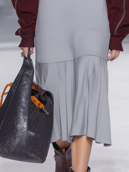 Fashionable Sporty Pleated Hem And Contrasting Colors Midi Dress