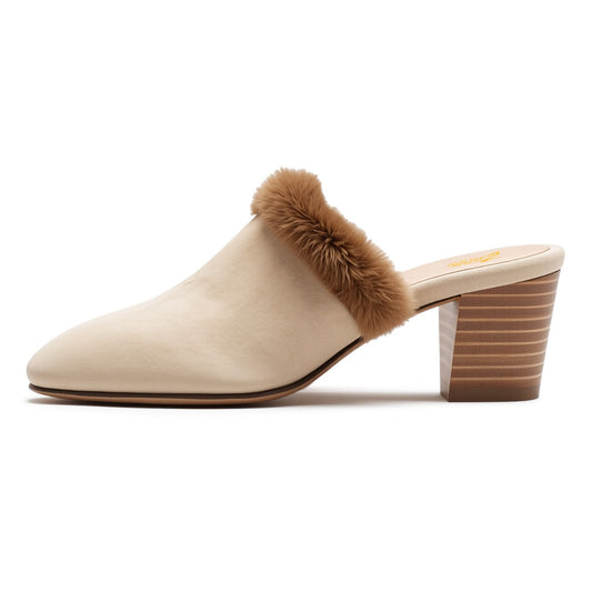 Faux Fur Trim Closed-Toe Block Heel Mule Shoes for Women in Nude