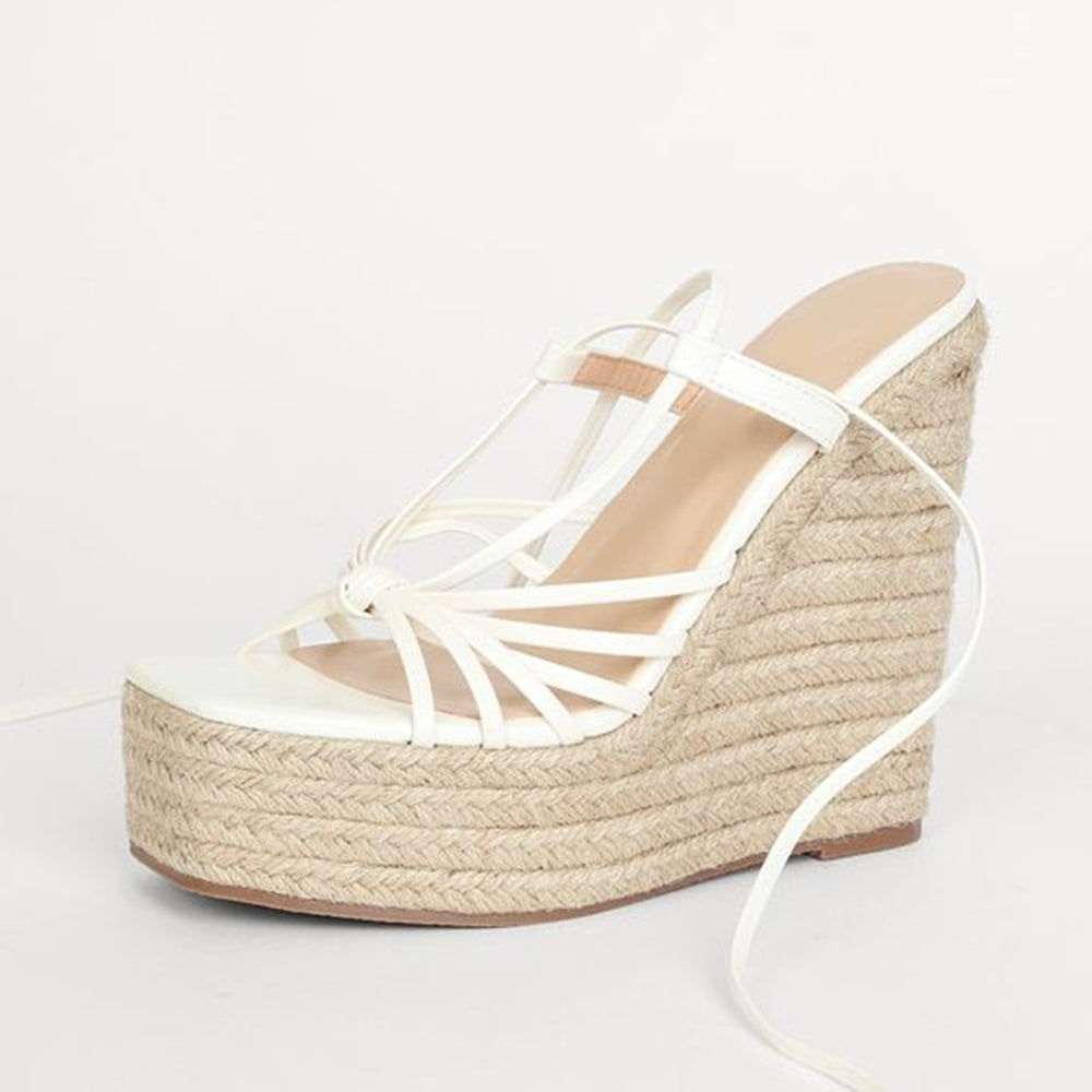 Fashion White Square Toe Lace-Up Espadrille Wedge Sandals with Knot
