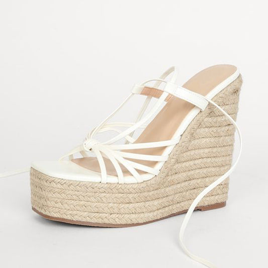 Fashion White Square Toe Lace-Up Espadrille Wedge Sandals with Knot
