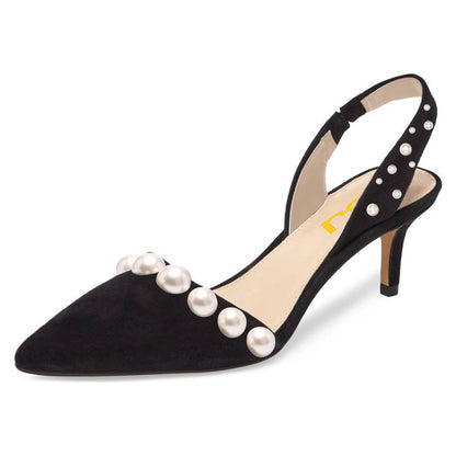 Elegant Black Vegan Suede Elastic Slingback Pumps Heels with Pearl