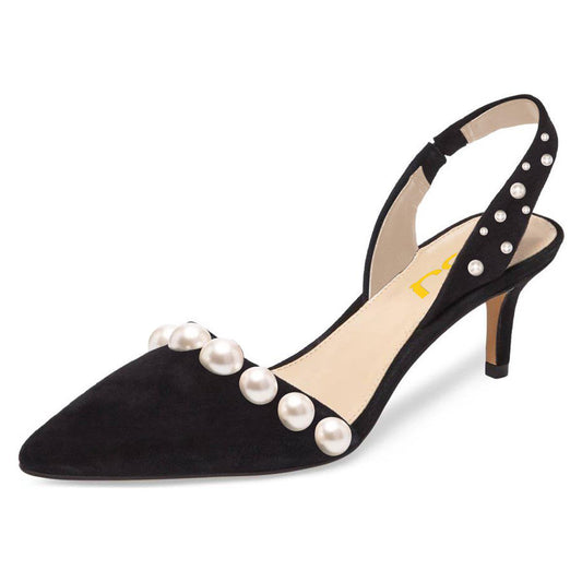 Elegant Black Vegan Suede Elastic Slingback Pumps Heels with Pearl