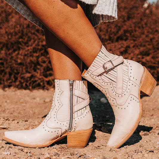 Beige Snip Toe Block Heel Studded Vintage Western Booties