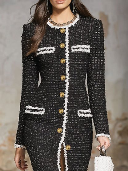 Elegant Textured Fabric Ribbon Multi-button Midi Dress