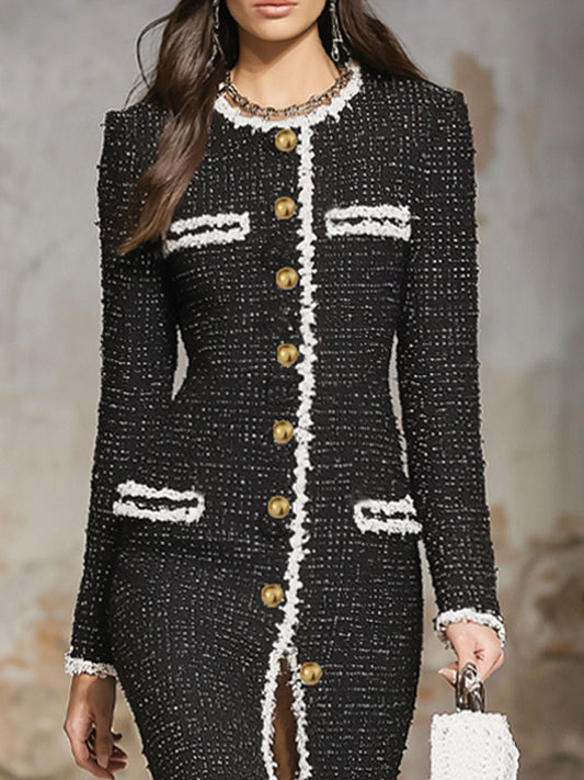 Elegant Textured Fabric Ribbon Multi-button Midi Dress