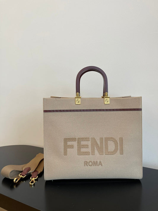 FI Sunshine Medium Tote Bag Beige Canvas For Women, Bags, Shoulder Bags 13.8in/35cm FF 8BH386