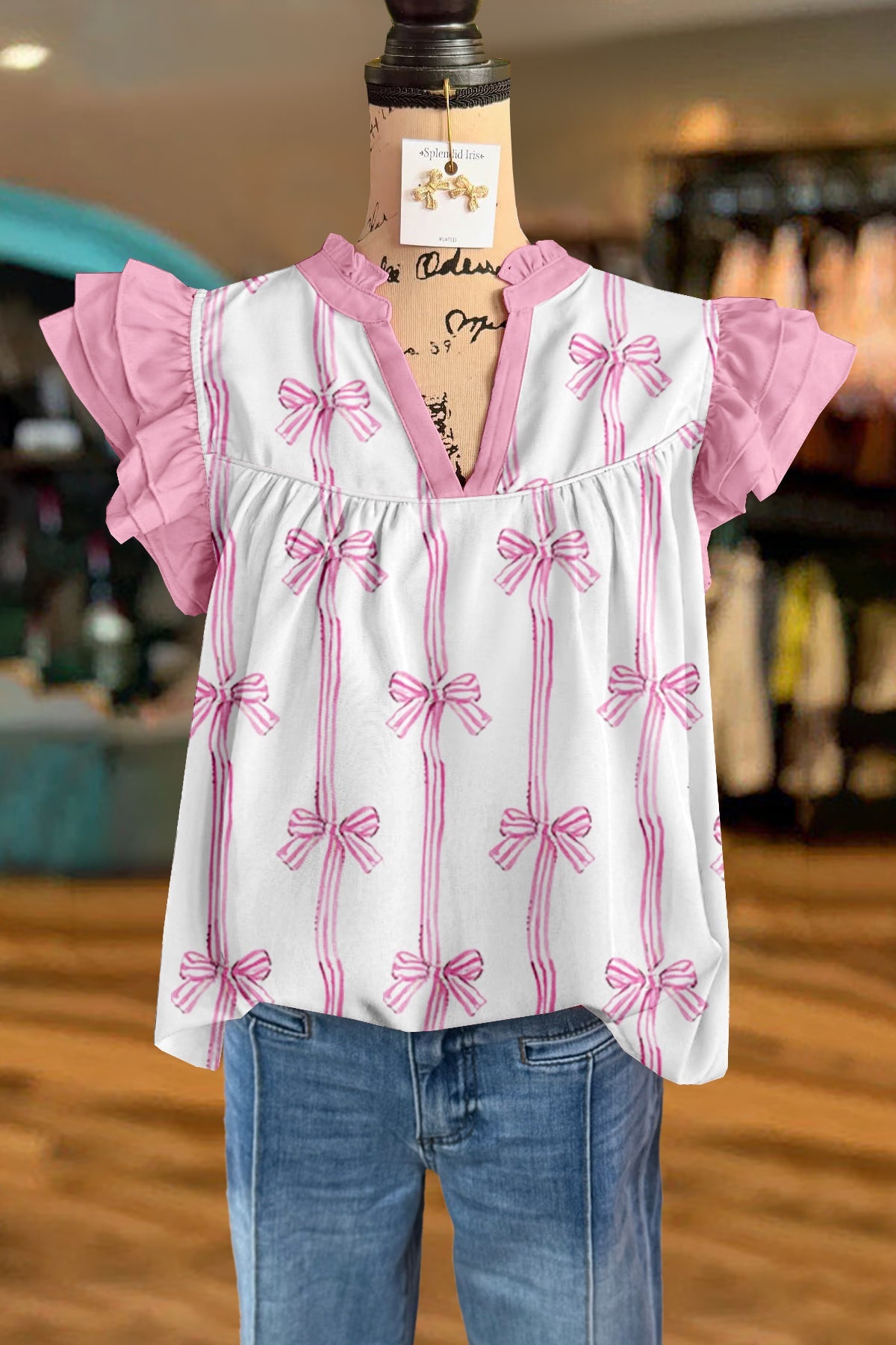 Sweet Bow Print V-Neck Flying Sleeves Blouse
