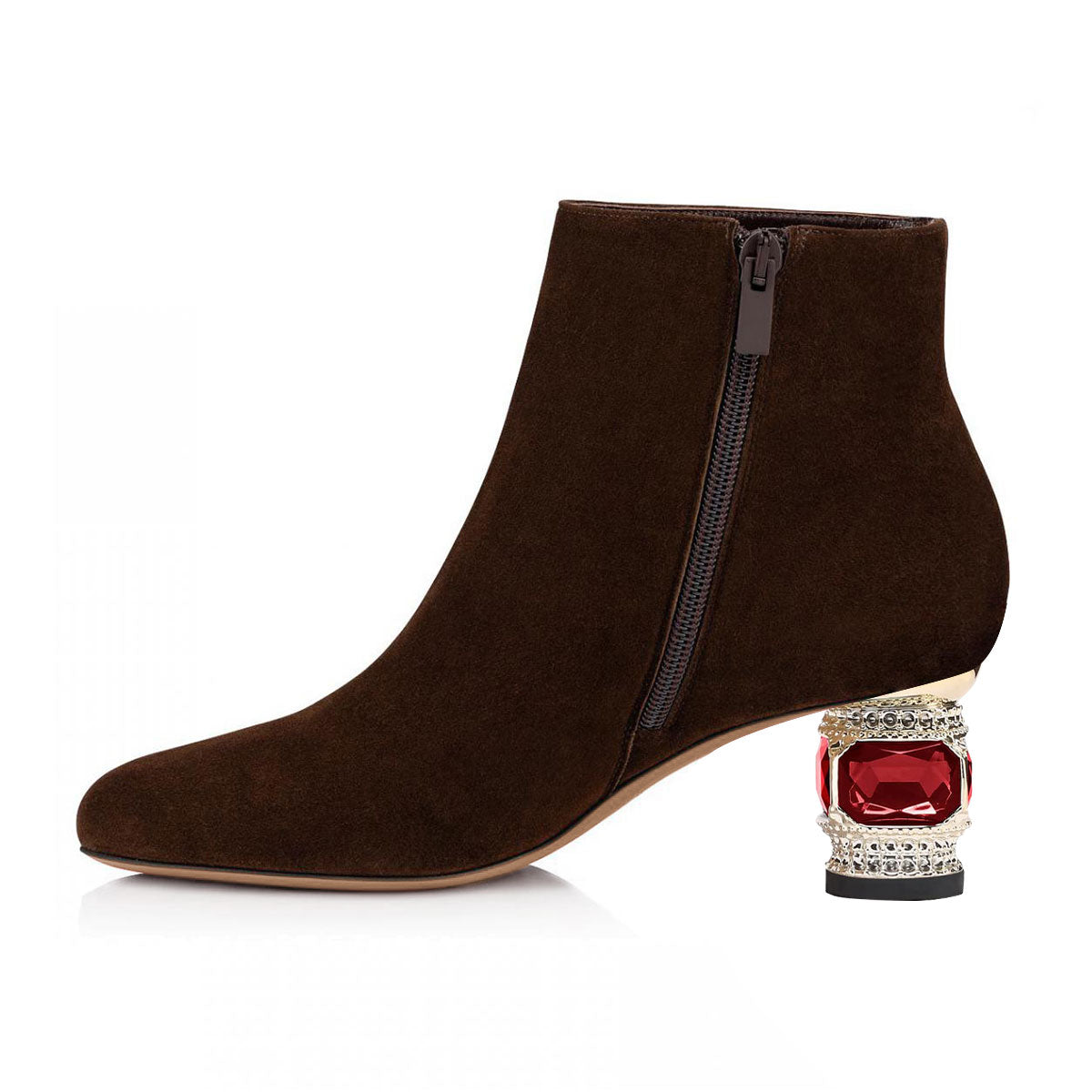 Dark Brown Faux Suede Pointed Toe Decorative Heel Side-Zip Booties