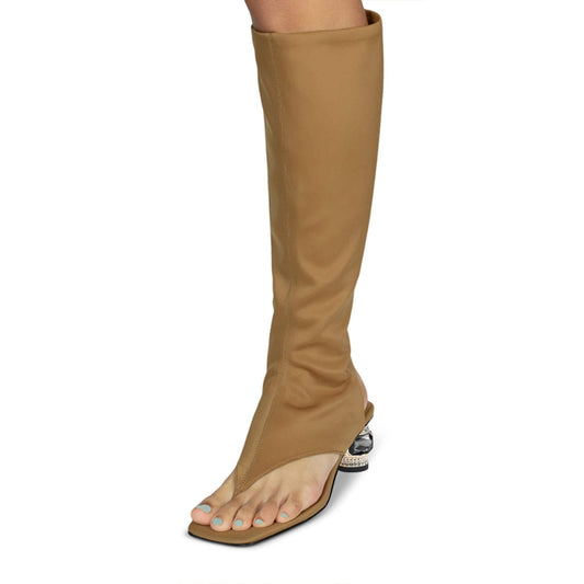 Beige Open Toe Decorative Heel Knee High Sandal Boots