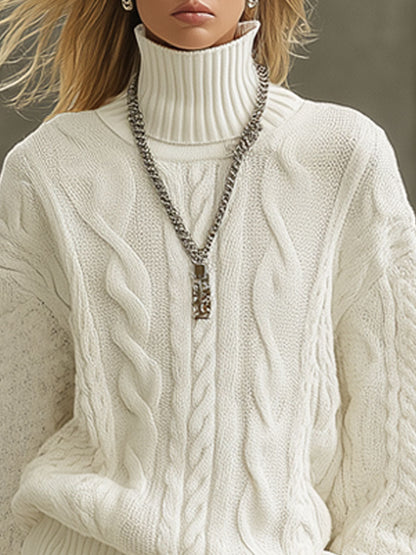 Fashion Retro White Knitted Cable Turtleneck Pullover Sweater