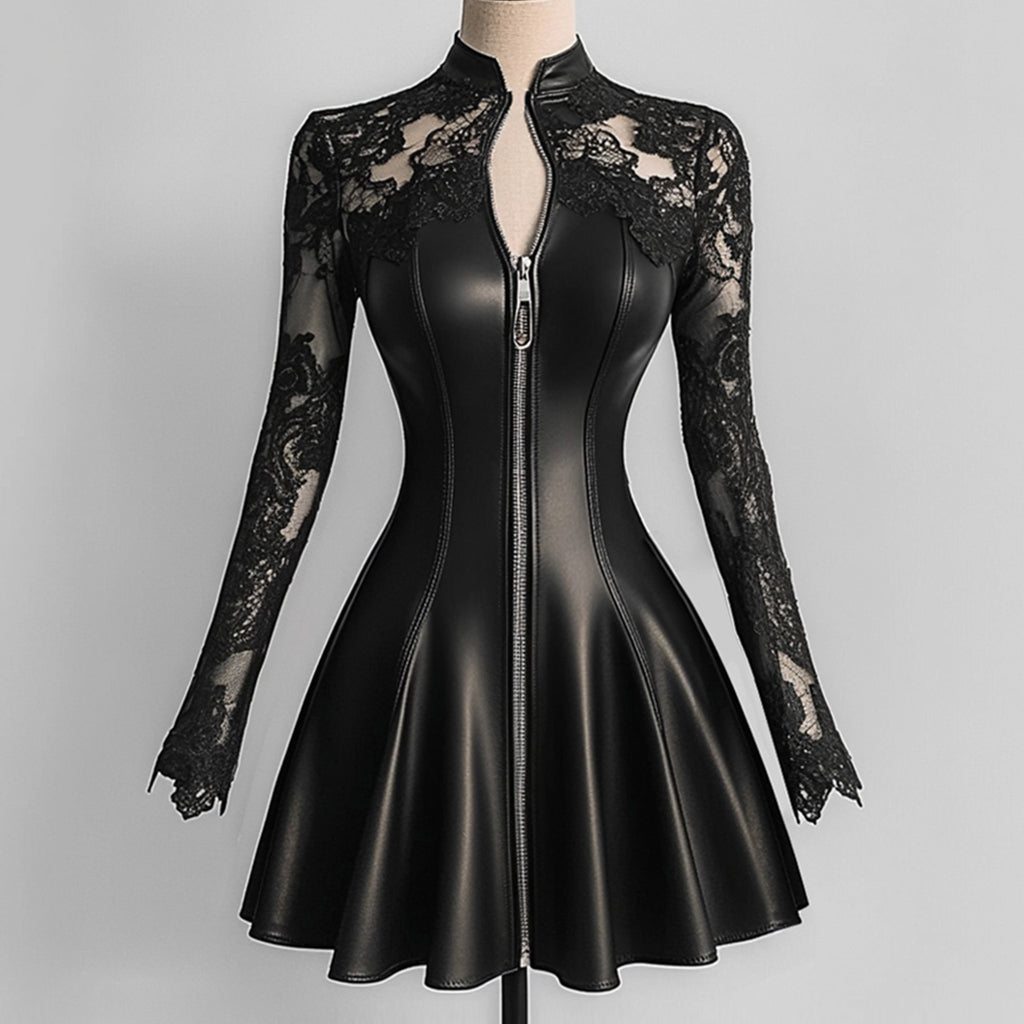 Ursime PU Leather Lace Long Sleeve Zipper Mini Dress