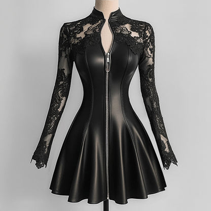 Ursime PU Leather Lace Long Sleeve Zipper Mini Dress