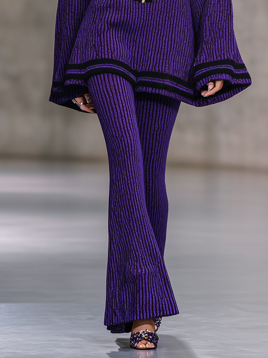 Elegant And Fashionable Half-zip Knitted Top And Flared Pants Purple Set