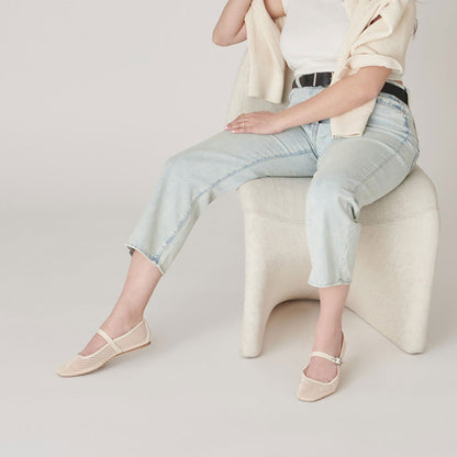 Beige Fishnet Square Toe Flat Buckle Strap Mary Jane Shoes for Women