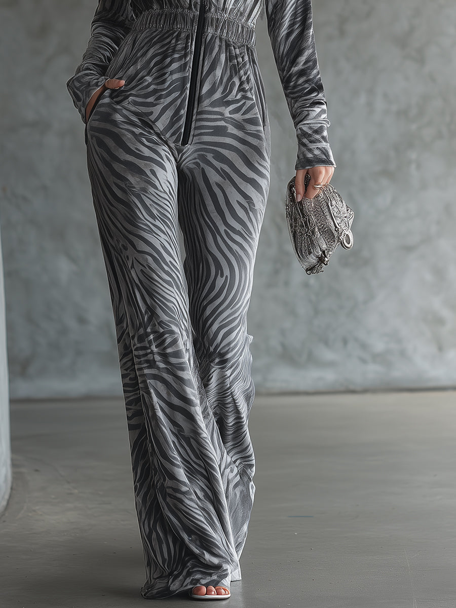 Fashionable Nomadic Style Hooded Zebra Print Velvet Jumpsuit