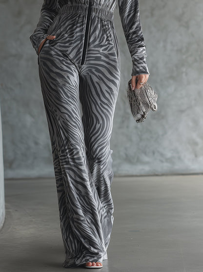 Fashionable Nomadic Style Hooded Zebra Print Velvet Jumpsuit