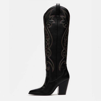 Fashion Pointed Toe Embroidered Knee-High Cowgirl Boots in Black