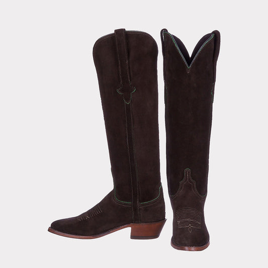Dark Olive Closed Toe Knee-High Block Heeled Embroidered Cowgirl Boots