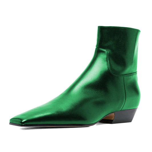 Dark Green Square Toe Low Heel Ankle Boots for Women with Zipper