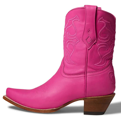 Fuchsia Snip Toe Chunky Heel Embroidered Pull-On Cowgirl Boots