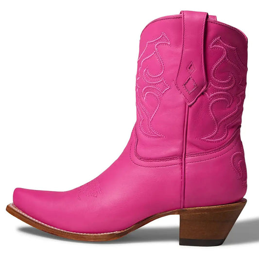Fuchsia Snip Toe Chunky Heel Embroidered Pull-On Cowgirl Boots