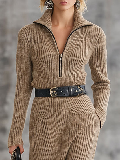 Fashion Retro Lace-up Camel Knit Zipper Midi Dress