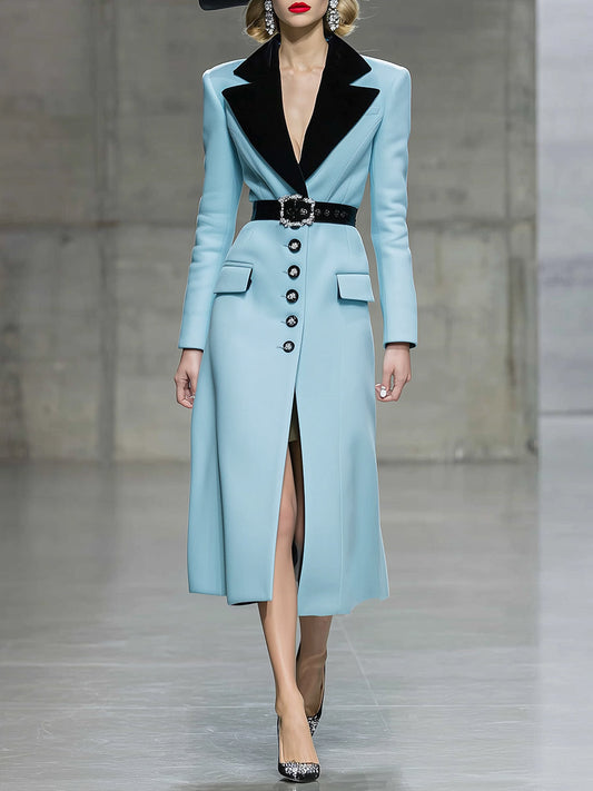Fashionable And Elegant Black Velvet Collar Light Blue Wool Coat