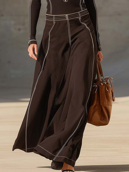Exquisite Vintage Sports Lapel Front Zipper White Piping Dark Brown Stretch Cotton Maxi Dress