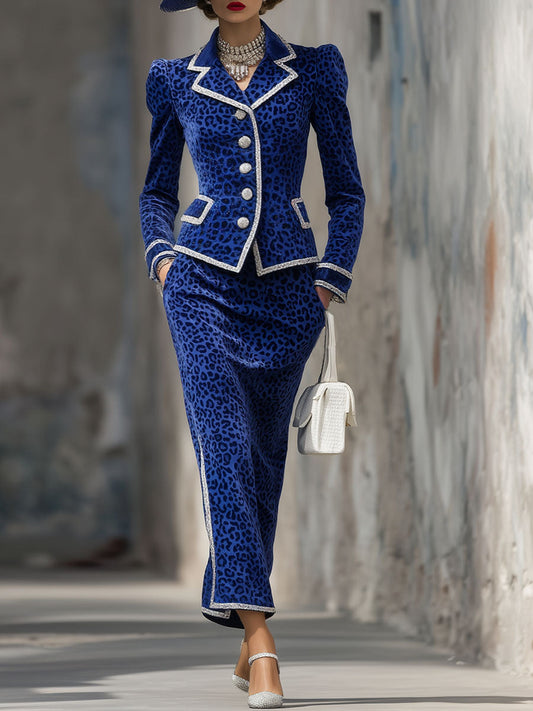 Elegant Lapel Single-breasted Suit And Skirt Leopard Velvet Two-piece Suit