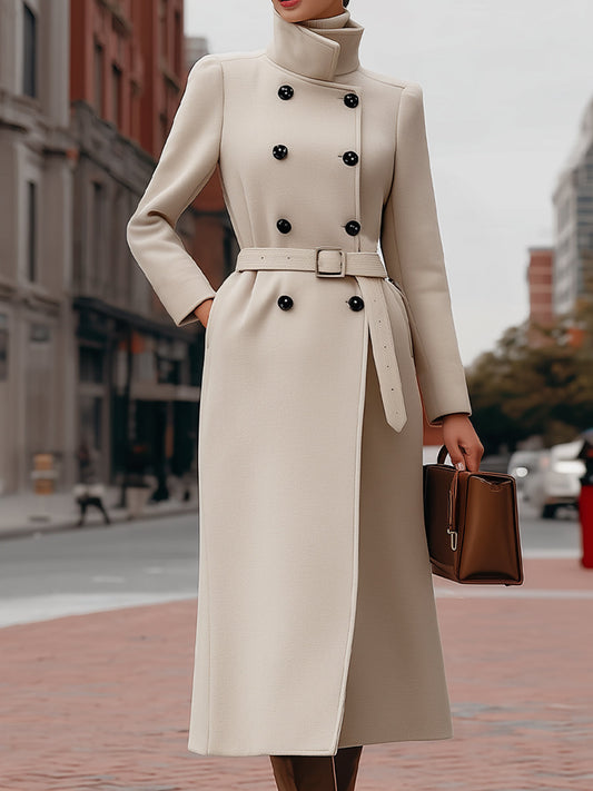Elegant Beige Double - Breasted Belted Coat