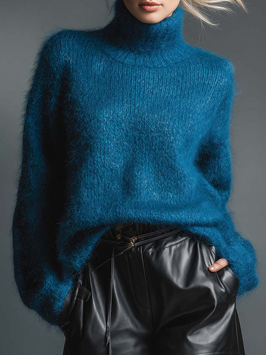Elegant And Versatile Blue High-neck Mohair Loose Sweater