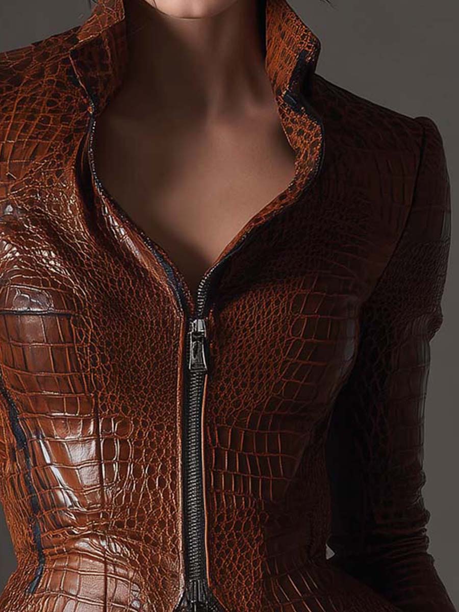 Eco Leather Croc-Embossed Fitted Jacket – Chestnut Brown