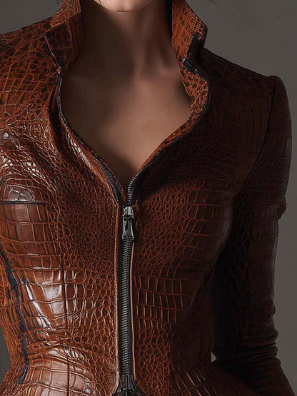 Eco Leather Croc-Embossed Fitted Jacket – Chestnut Brown
