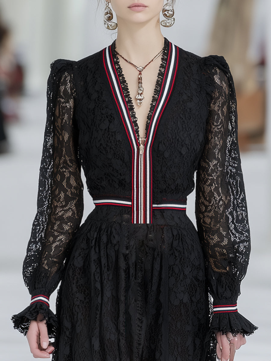 Elegant Retro Striped Black Lace Long-sleeved Maxi Dress