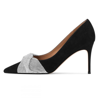 Elegant Black Vegan Suede Rhinestone Twist Strap Decor Pumps Heels