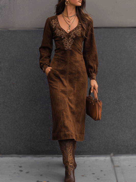 Embroidered Brown Suede Midi Dress