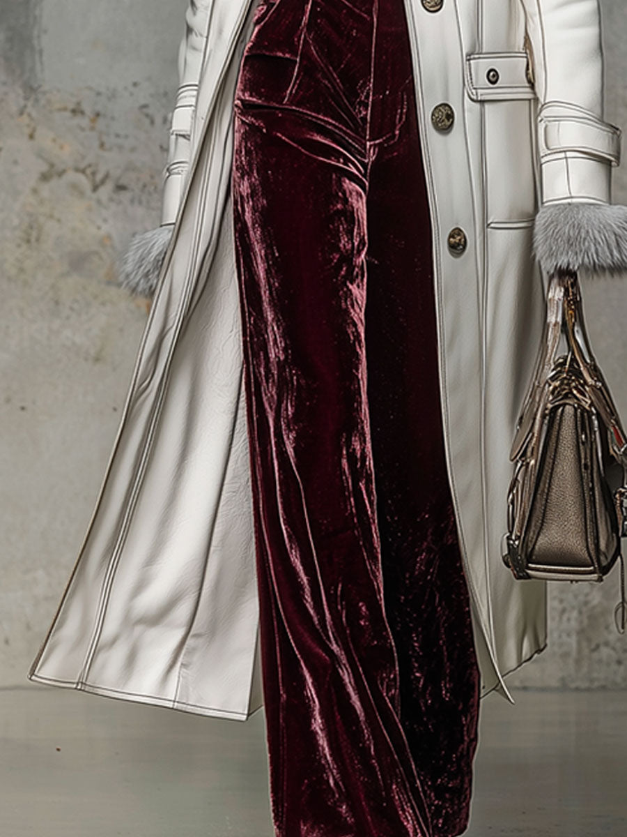 Fashion Retro White Faux Leather And Faux Fur Collar Long Coat