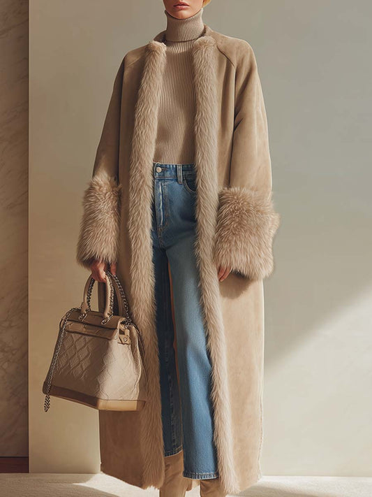 Elegant High-end Faux Fur Trim Apricot Fleece-lined Faux Suede Long Coat