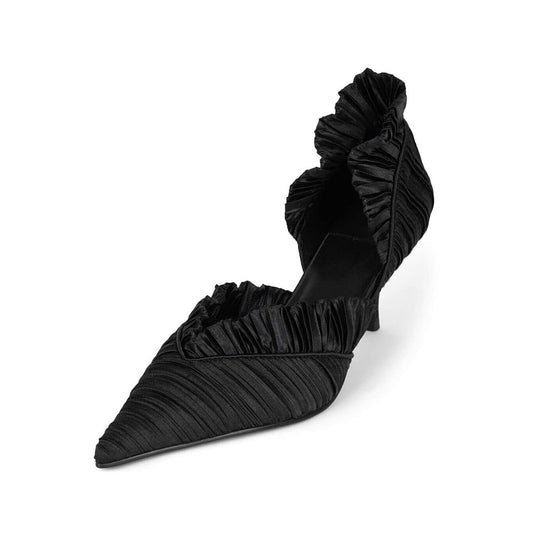 Elegant Fabric Pointed Toe Kitten Heel Black Pumps with Ruffle Decor