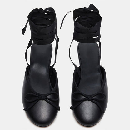 Elegant Black Round Toe Bow Wrap Strappy Flat Shoes for Women