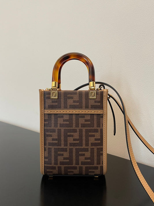 FI Sunshine Shopper Brown FF Fabric Brown Mini Bag For Woman 13cm/5in