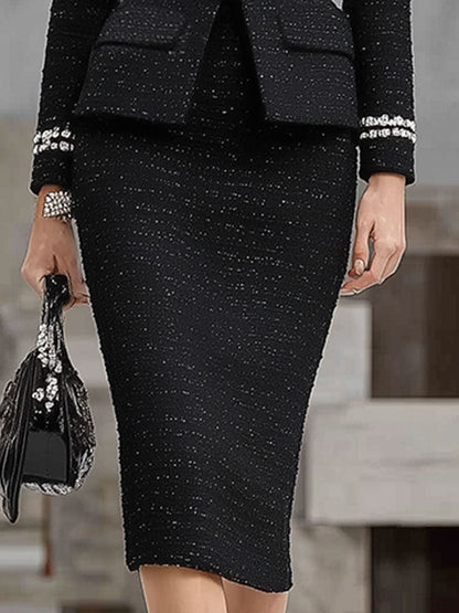 Elegant Black Tweed Top And Skirt Set
