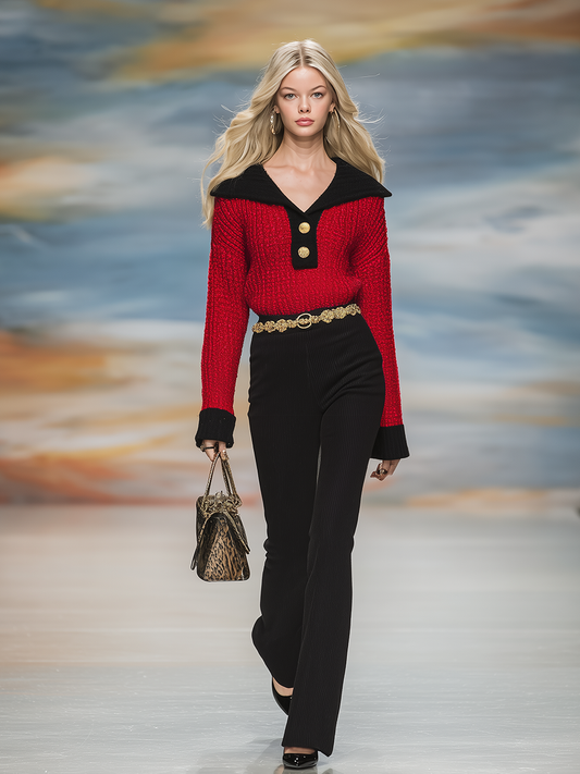 Elegant Fashion Lapel Sweater And Pants Set
